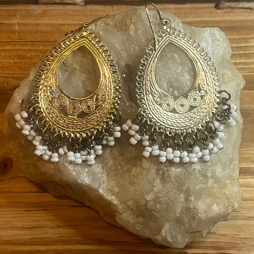Boho Dangle Earrings Gold Teardrop White Beaded Statement Earrings